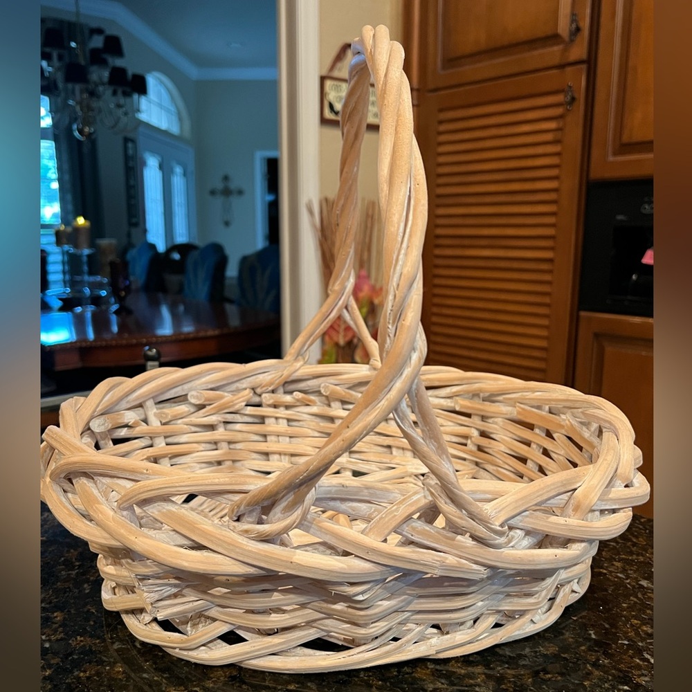 Vintage Whitewashed Wicker Basket with Handle